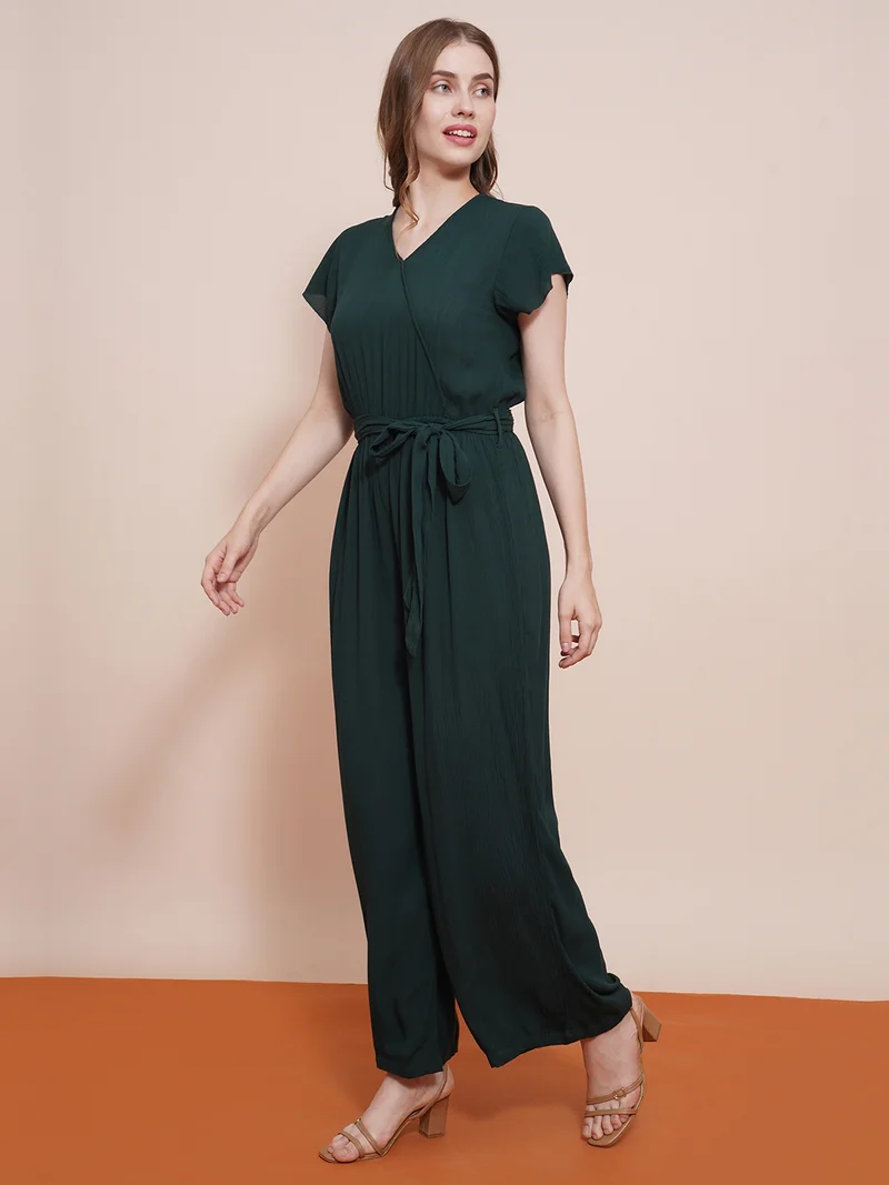 globus Women Wrap Neck Cap Sleeves Waist Tie-Up Wide-Leg Basic Jumpsuit