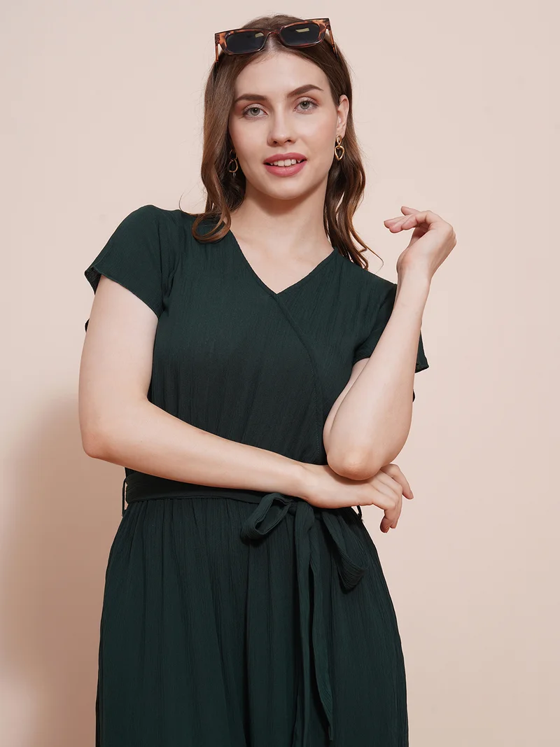 globus Women Wrap Neck Cap Sleeves Waist Tie-Up Wide-Leg Basic Jumpsuit
