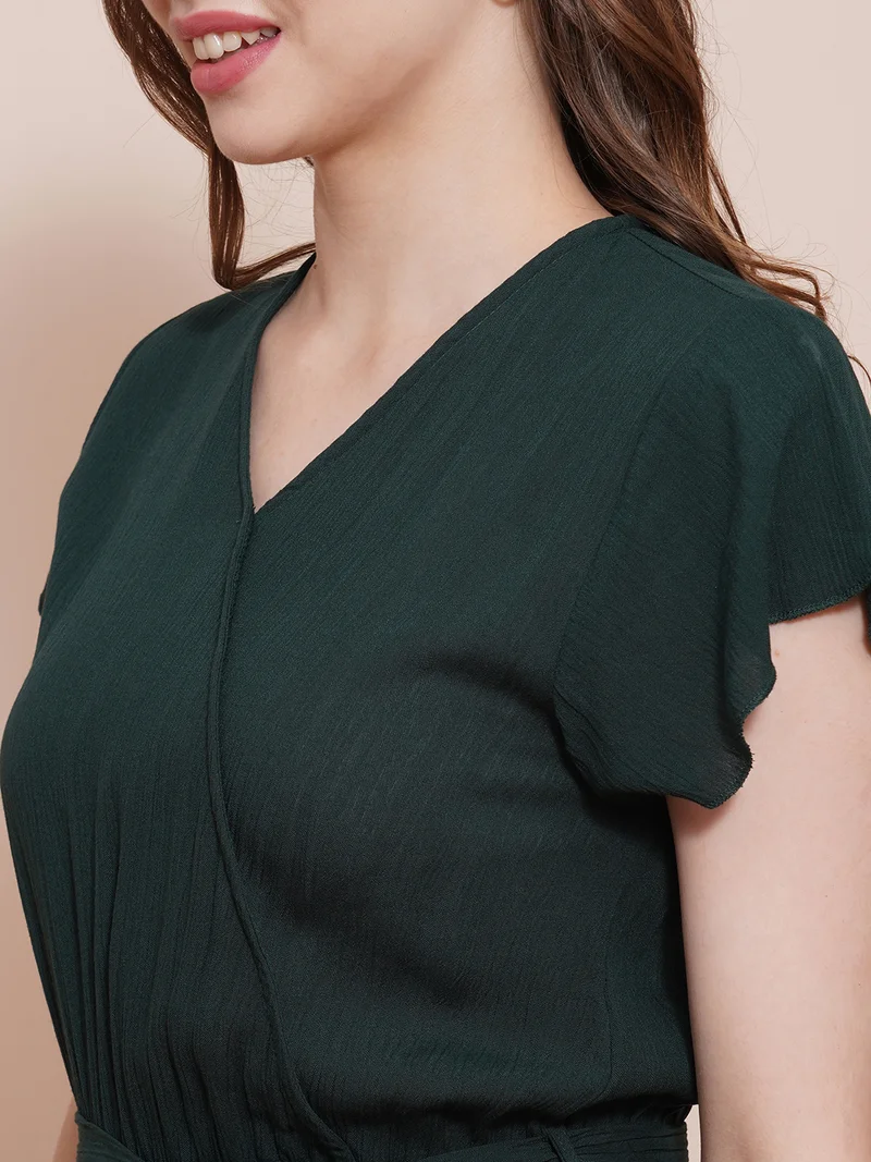 globus Women Wrap Neck Cap Sleeves Waist Tie-Up Wide-Leg Basic Jumpsuit