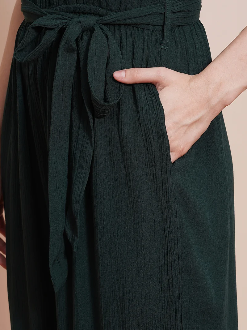 globus Women Wrap Neck Cap Sleeves Waist Tie-Up Wide-Leg Basic Jumpsuit