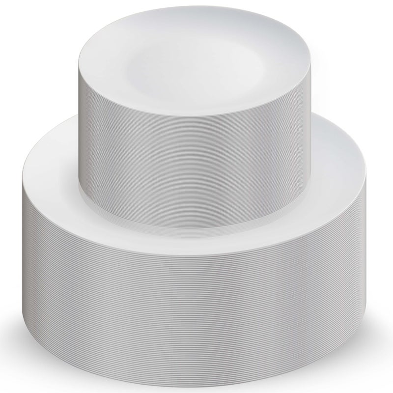 Munfix 100 White Plastic Plates Set 50 Pcs 1025 Inch Dinner and 50 Pcs 75 Inch Plastic Dessert Plates Elegant Fancy Heavy Duty Disposable Plates for Party Wedding White