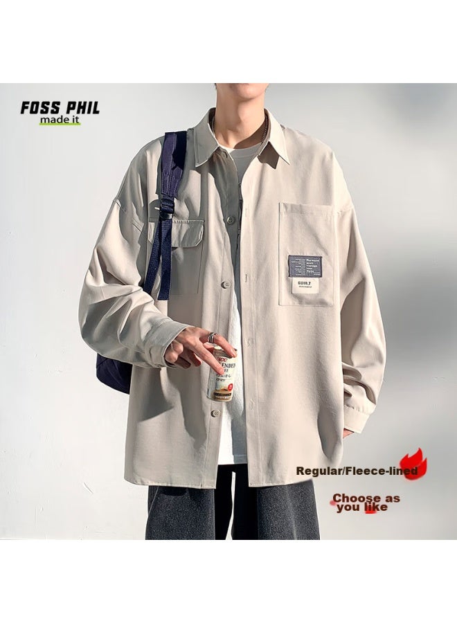 Foss Phil هونغ كونغ ستايل سترة قميص طويلة الأكمام للرجال، ربيع وخريف كاجوال فضفاض ملابس عمل طبقة قاعدة علوية، 7303 Light Gray 2XL - Image 1