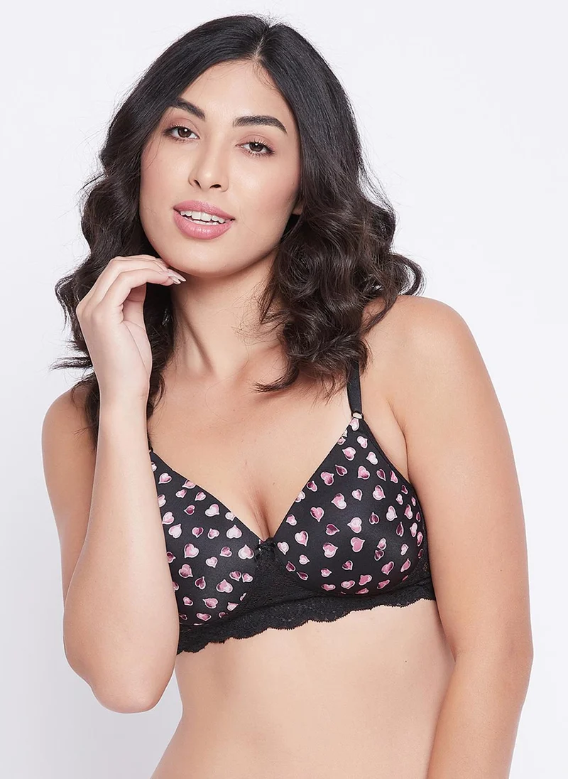 Clovia Clovia Padded Non-Wired Full Cup Heart Print T-shirt Bra in Black