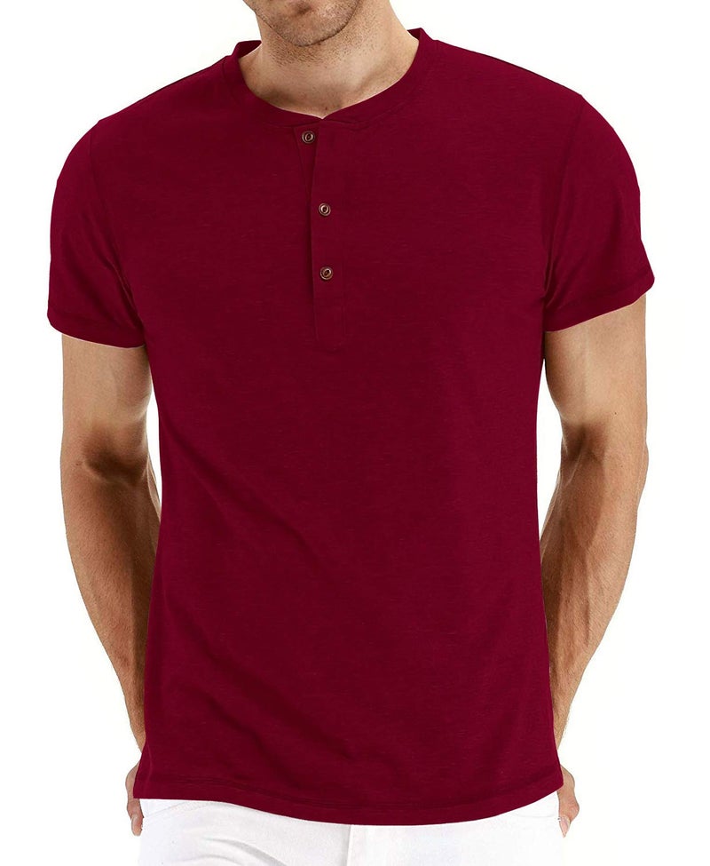 PEGENO Men's Casual Slim Fit Short Sleeve Henley T-Shirts Cotton Shirts Wine Red-US L - Image 1