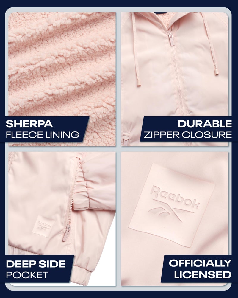 Reebok Womens Windbreaker Jacket - Water and Wind Resistant Midweight Cozy Sherpa Fleece Insulated Softshell Jacket for Women, Size Small, Powder Pink - Image 4