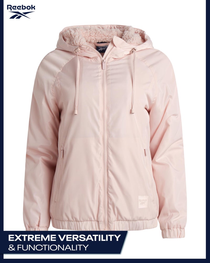 Reebok Womens Windbreaker Jacket - Water and Wind Resistant Midweight Cozy Sherpa Fleece Insulated Softshell Jacket for Women, Size Small, Powder Pink - Image 3