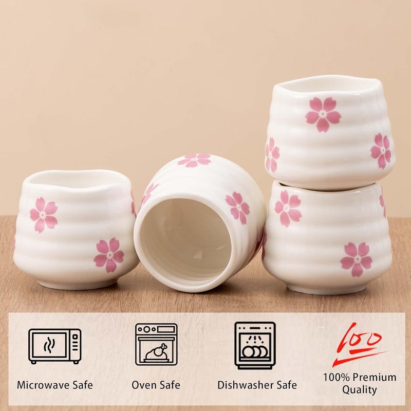 YumiPLUS 4pcs Ceramic Tea Cup Set – 160ml 5.4OZ Porcelain Cherry Blossom Matcha Cup, Handless Cute Floral Coffee Mugs for breakfast espresso/afternoon tea (Sakura) - Image 2
