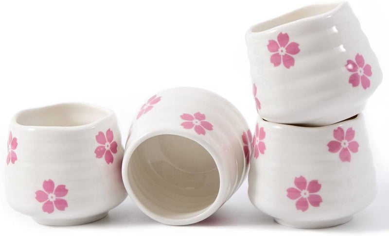 YumiPLUS 4pcs Ceramic Tea Cup Set – 160ml 5.4OZ Porcelain Cherry Blossom Matcha Cup, Handless Cute Floral Coffee Mugs for breakfast espresso/afternoon tea (Sakura) - Image 1