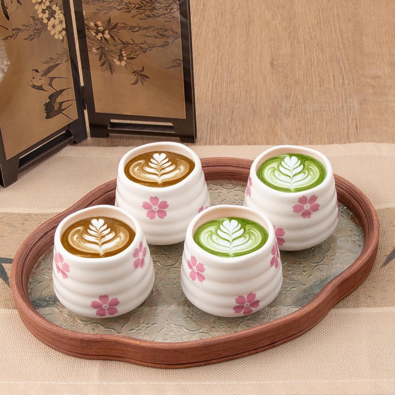 YumiPLUS 4pcs Ceramic Tea Cup Set – 160ml 5.4OZ Porcelain Cherry Blossom Matcha Cup, Handless Cute Floral Coffee Mugs for breakfast espresso/afternoon tea (Sakura) - Image 4
