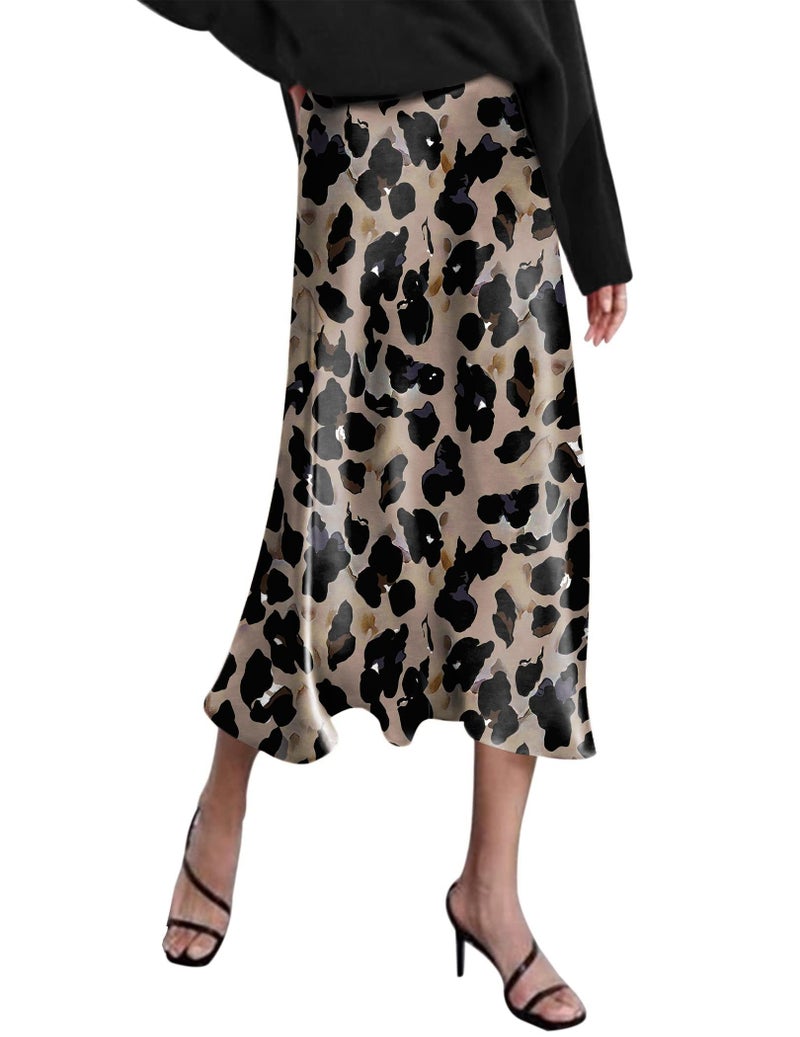 Zeagoo Womens Leopard Skirt Midi Knee Length Fall Silk Skirt Satin Cocktail Party Wedding Skirts XL - Image 1