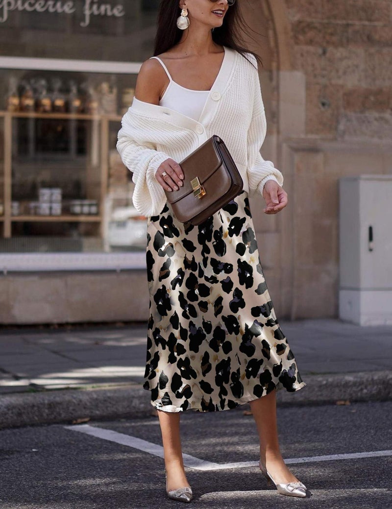 Zeagoo Womens Leopard Skirt Midi Knee Length Fall Silk Skirt Satin Cocktail Party Wedding Skirts XL - Image 3