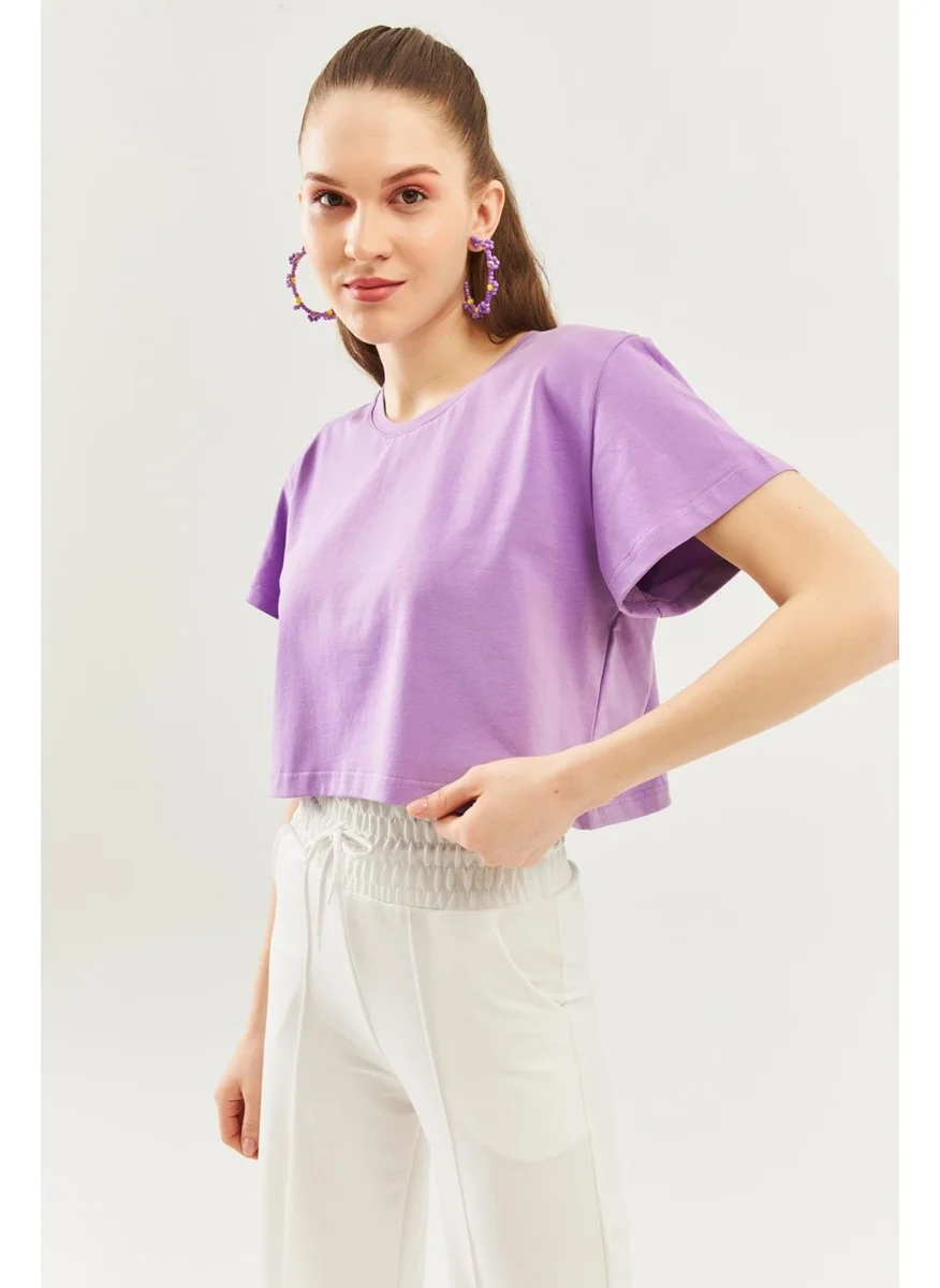 Butikgiz Lilac Oversize Comfortable 100% Cotton Combed Crew Neck Short Sleeve Basic Crop T-Shirt