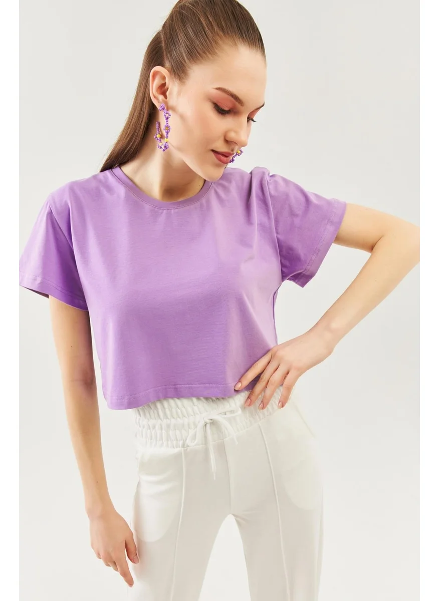 Butikgiz Lilac Oversize Comfortable 100% Cotton Combed Crew Neck Short Sleeve Basic Crop T-Shirt