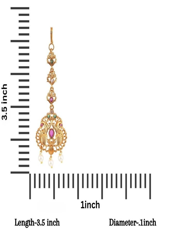 ZEELLO Antique Gold Peacock Maang Tikka with Pink and Green Stones, Pearl Drops, Traditional Indian Wedding Jewellery - Image 5