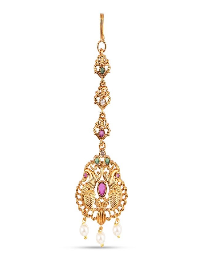 ZEELLO Antique Gold Peacock Maang Tikka with Pink and Green Stones, Pearl Drops, Traditional Indian Wedding Jewellery - Image 1