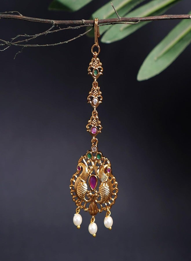 ZEELLO Antique Gold Peacock Maang Tikka with Pink and Green Stones, Pearl Drops, Traditional Indian Wedding Jewellery - Image 4