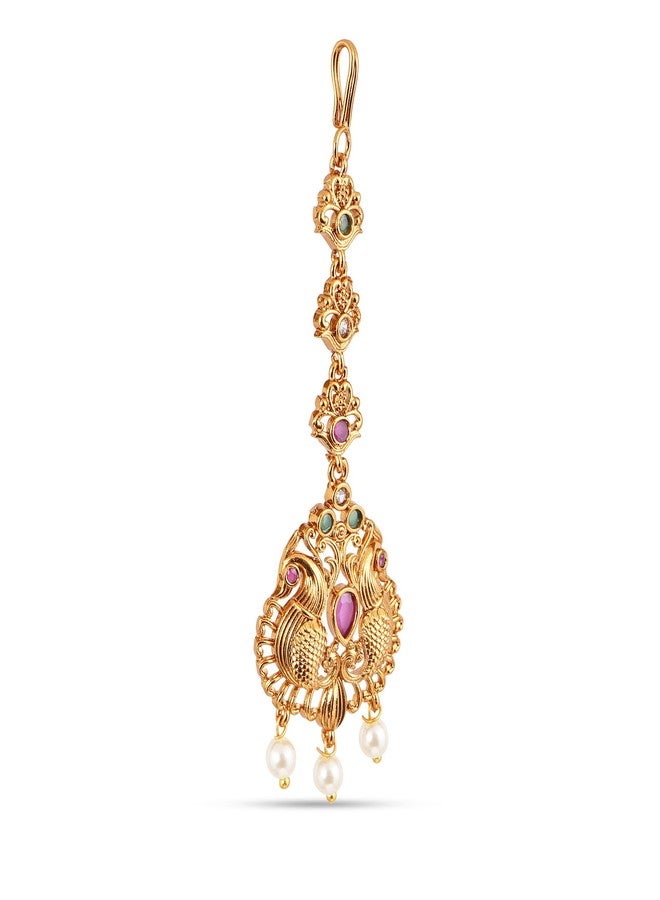 ZEELLO Antique Gold Peacock Maang Tikka with Pink and Green Stones, Pearl Drops, Traditional Indian Wedding Jewellery - Image 3
