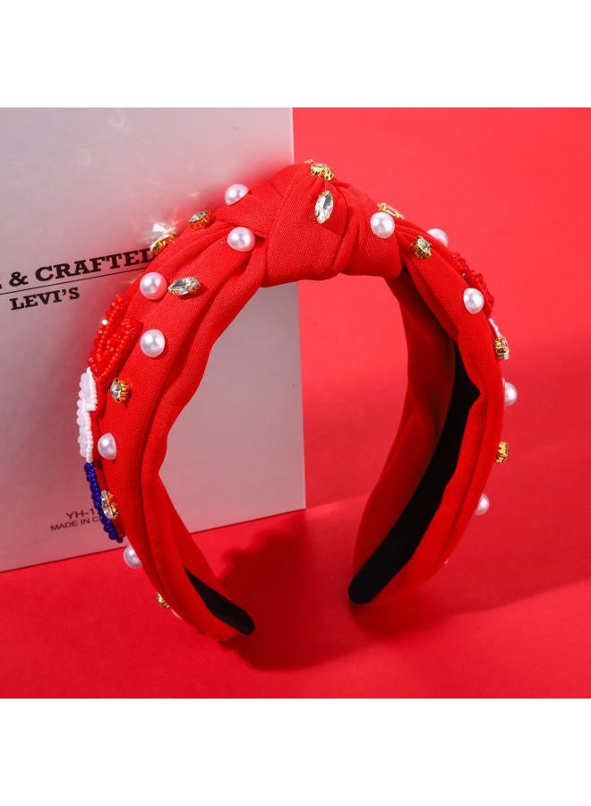 CEALXHENY Crystal Pearl Knotted Headbands - Patriotic Hair Accessory for Women, American Flag Outfits for Independence Day, Memorial Day Party Favors (USA-Red) - Image 5