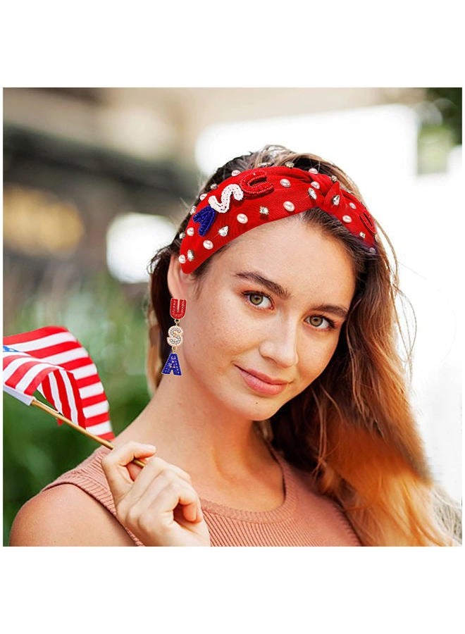 CEALXHENY Crystal Pearl Knotted Headbands - Patriotic Hair Accessory for Women, American Flag Outfits for Independence Day, Memorial Day Party Favors (USA-Red) - Image 4
