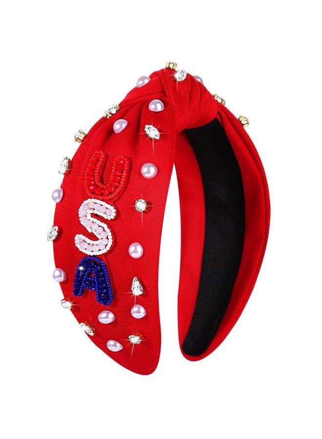 CEALXHENY Crystal Pearl Knotted Headbands - Patriotic Hair Accessory for Women, American Flag Outfits for Independence Day, Memorial Day Party Favors (USA-Red) - Image 1