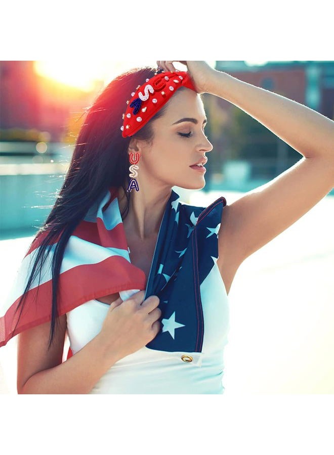 CEALXHENY Crystal Pearl Knotted Headbands - Patriotic Hair Accessory for Women, American Flag Outfits for Independence Day, Memorial Day Party Favors (USA-Red) - Image 2
