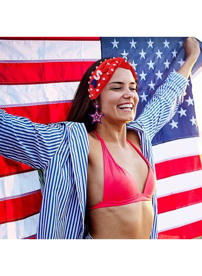 CEALXHENY Crystal Pearl Knotted Headbands - Patriotic Hair Accessory for Women, American Flag Outfits for Independence Day, Memorial Day Party Favors (USA-Red) - Image 3