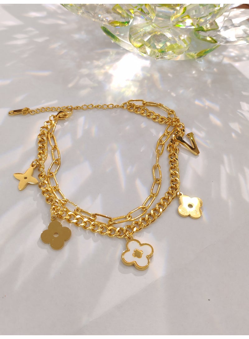 V-letter double-layer bracelet made of white Fritillaria tetraphyllum alloy bracelet - Image 4