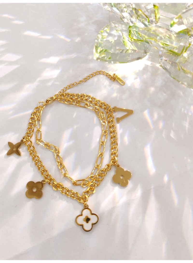 V-letter double-layer bracelet made of white Fritillaria tetraphyllum alloy bracelet - Image 1