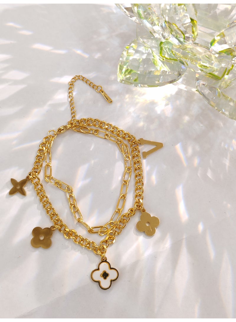 V-letter double-layer bracelet made of white Fritillaria tetraphyllum alloy bracelet - Image 3