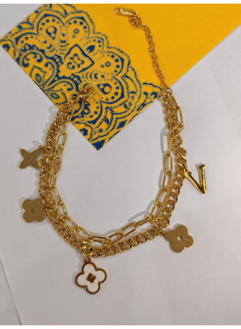 V-letter double-layer bracelet made of white Fritillaria tetraphyllum alloy bracelet - Image 5