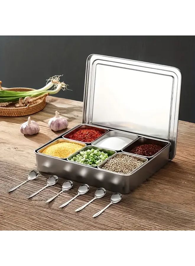 304 Stainless Steel 6 Compartment Condiment Container With Lid And Spoons Kitchen Storage - Image 1