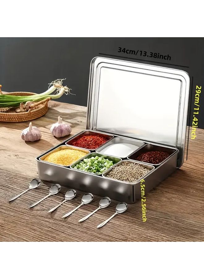 304 Stainless Steel 6 Compartment Condiment Container With Lid And Spoons Kitchen Storage - Image 3