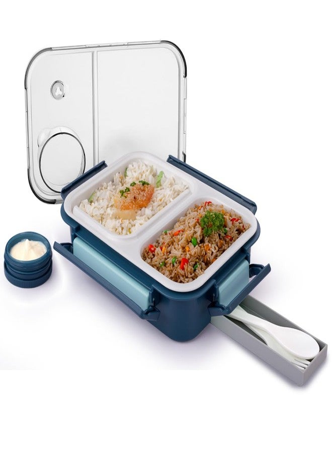 ATTRO Smart 2 Compartment Lunch Box with Small Container Spoon & Fork Included Snap Lock Design Leak-Proof BPA Free Food Grade- 750ml Dark Blue, Plastic - Image 1