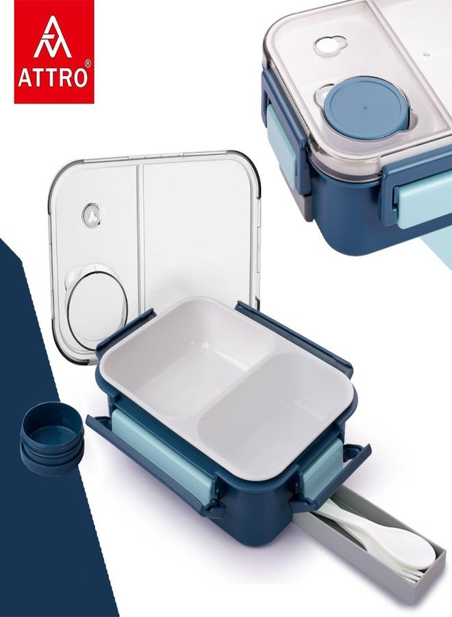 ATTRO Smart 2 Compartment Lunch Box with Small Container Spoon & Fork Included Snap Lock Design Leak-Proof BPA Free Food Grade- 750ml Dark Blue, Plastic - Image 2