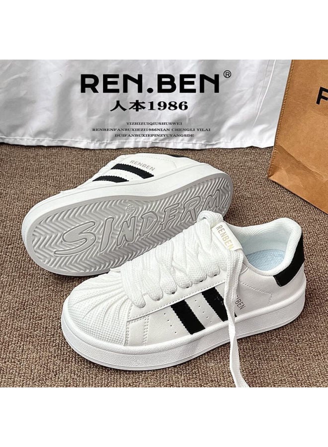 Renben Shell Toe White Sneakers 2025 Spring Autumn Korean Style Casual Versatile Thick Sole Sports Shoes For Women