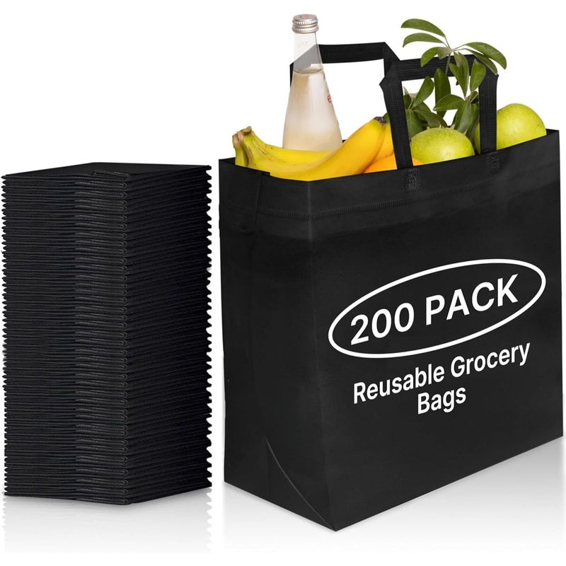 Simply Cool 200 Pack Black Reusable EcoFriendly Large Grocery Shopping Bags 145x14x66 Durable Recyclable Shopping Bags Washable Foldable Portable Tote Bags Bulk