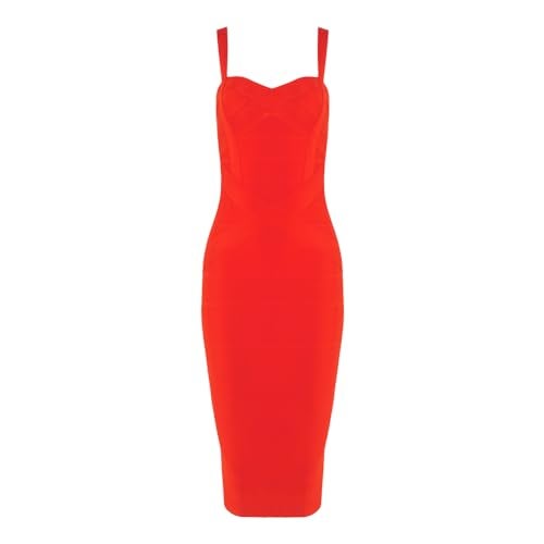 HLBandage Midi-Calf Solid Color Spaghetti Strap Rayon Bandage Dress (L,Red) - Image 3
