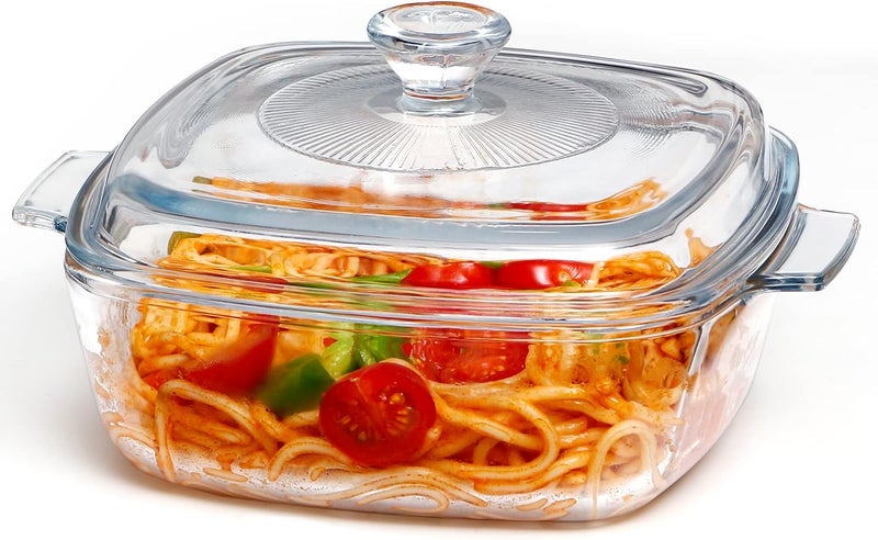 NUTRIUPS Small Glass Square Casserole Dish with Lid, 6.8 Inches, 36 Oz, Transparent, Aluminum & Glass, Oven, Freezer, Dishwasher Safe - Image 1