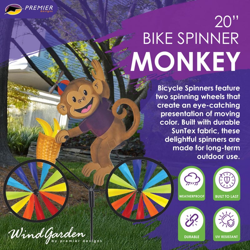 Premier Kites Bike Spinner Monkey 20" â€“ Playful Jungle Animal Design, Weather-Resistant Outdoor Decor, Durable & Lightweight for Patios, Yards, and Gardens - Eye-Catching Wind Spinner with Rotating Wheels - Image 2