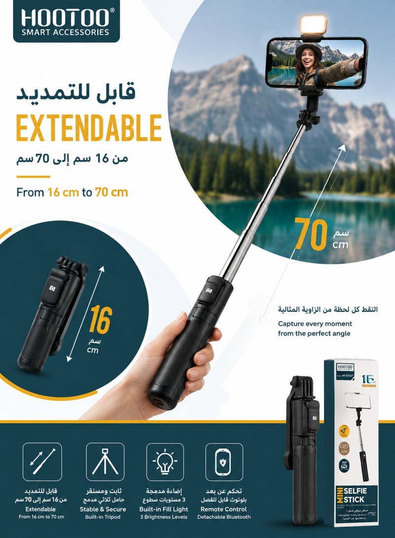 HooToo Mini one handed selfie stick. A versatile phone holder with built in lighting. selfie stand that supports remote shooting via Bluetooth. An extendable camera stand up to 70 cm. 360 degree rotating phone holder. mobile stand with a tripod for stable photos. - Image 2
