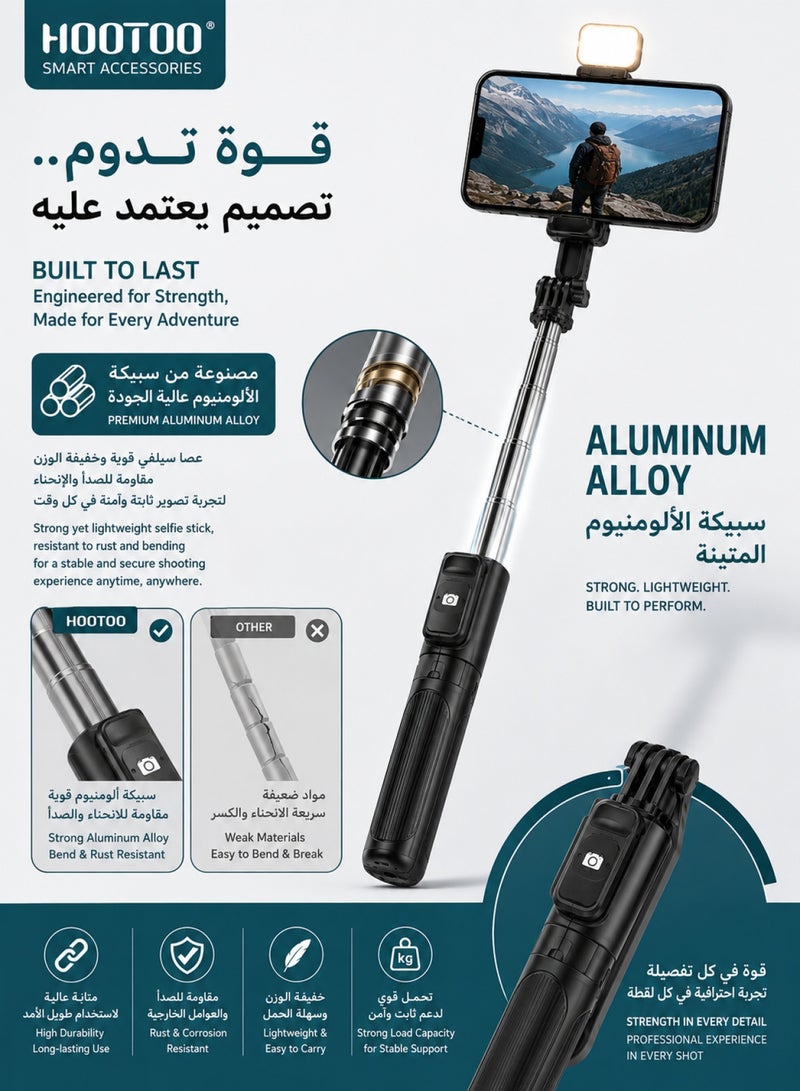 HooToo Mini one handed selfie stick. A versatile phone holder with built in lighting. selfie stand that supports remote shooting via Bluetooth. An extendable camera stand up to 70 cm. 360 degree rotating phone holder. mobile stand with a tripod for stable photos. - Image 5