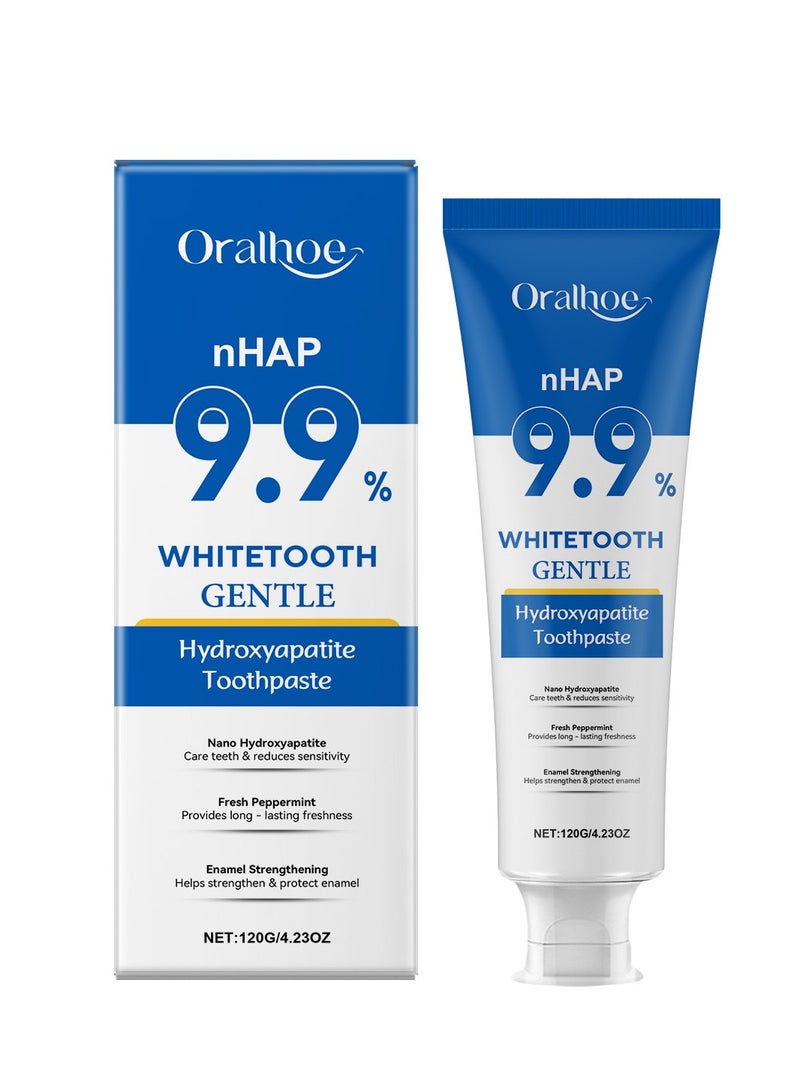 أورالحوي معجون أسنان هيدروكسيباتيت 9.9٪ لإصلاح المينا وتقوية الأسنان ، معجون أسنان نانو هيدروكسيباتيت لإعادة التمعدن ، معجون أسنان مبيض لطيف خال من الفلورايد للأسنان الحساسة ، نعناع طازج 120 جم - Image 1