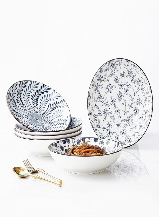 Swuut Ceramic 40oz Pasta Bowls Set of 6,9 inch Blue and White Large Salad Serving Bowl, Microwave and Oven Safe Dinner Dishes(Blue and White) - Image 2