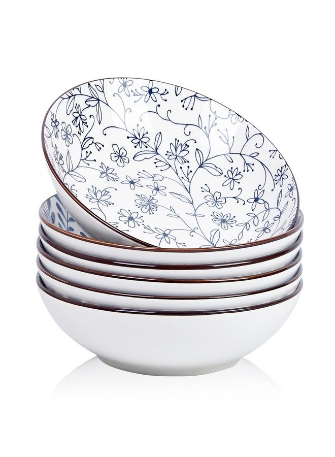 Swuut Ceramic 40oz Pasta Bowls Set of 6,9 inch Blue and White Large Salad Serving Bowl, Microwave and Oven Safe Dinner Dishes(Blue and White) - Image 1