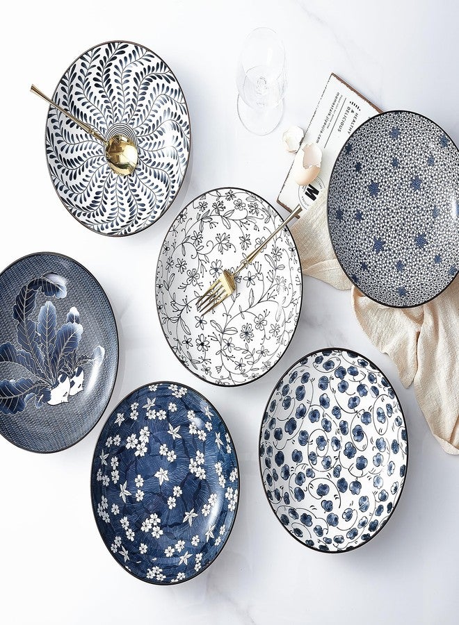 Swuut Ceramic 40oz Pasta Bowls Set of 6,9 inch Blue and White Large Salad Serving Bowl, Microwave and Oven Safe Dinner Dishes(Blue and White) - Image 3