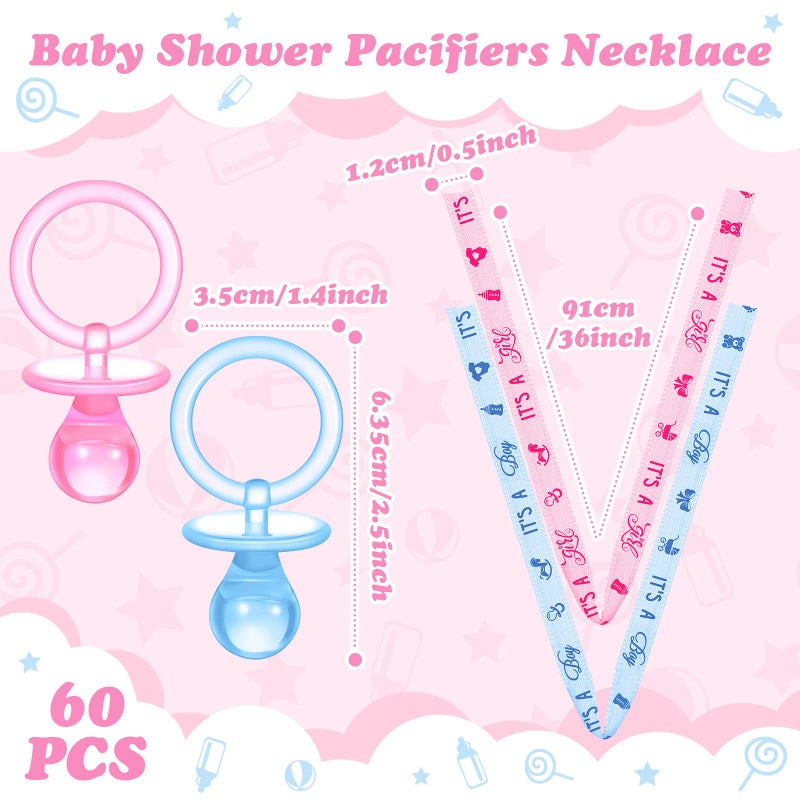 Junkin 60 Pieces Baby Shower Pacifiers Necklace Acrylic Pacifiers Necklace Charm for Baby Shower Party Favors Decorations, Women Style(Pink, Blue) - Image 3