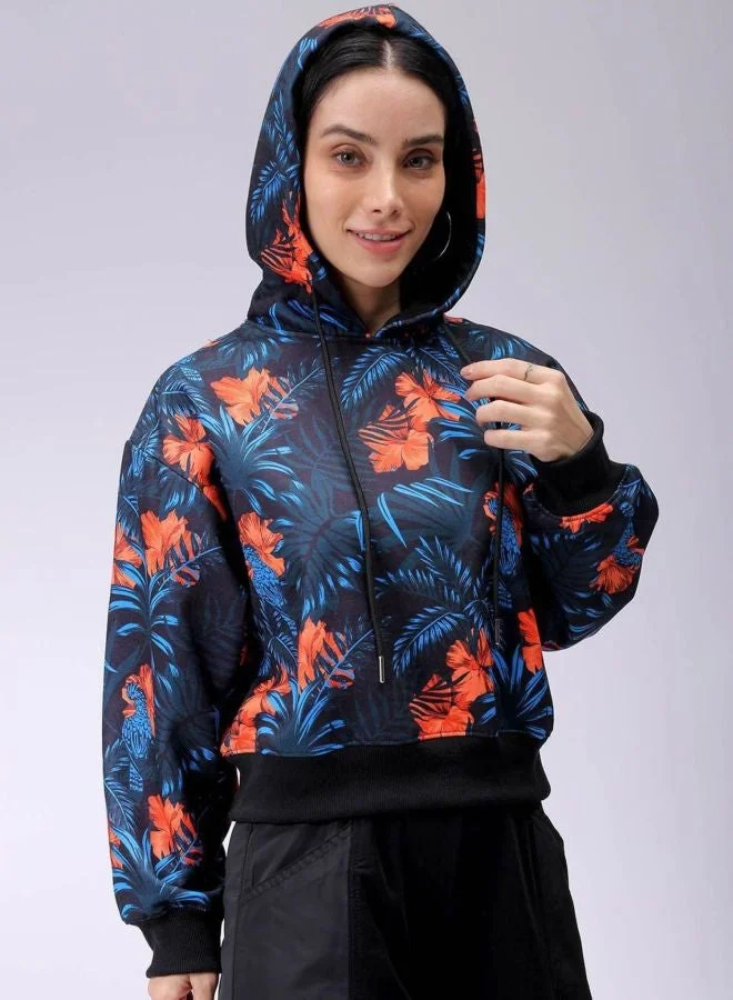 Women Relaxed Fit Floral Printed Hooded Neck Long Sleeve Hooded Sweatshirt