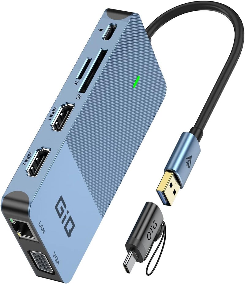 USB Docking Station USB C HUB USB 3.0 to Dual HDMI VGA Adapter Triple Display USB C Laptop Docking Station Dual Monitor HDMI Splitter Extender Compatible with MacBook M1 M2 USB Dock-Blue
