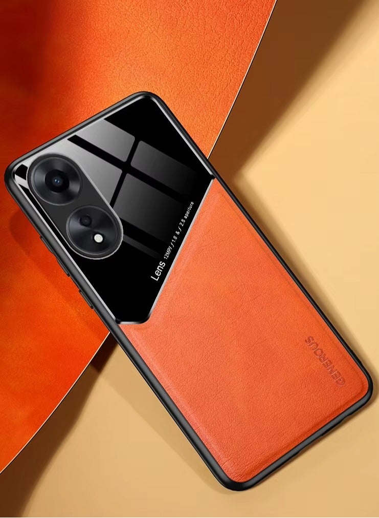 Case Compatible With Oppo A98 5G, Cover Luxury Leather And Glass With Car Magnetic Holder Phone Cover Soft Frame Silicone - Orange - Image 1