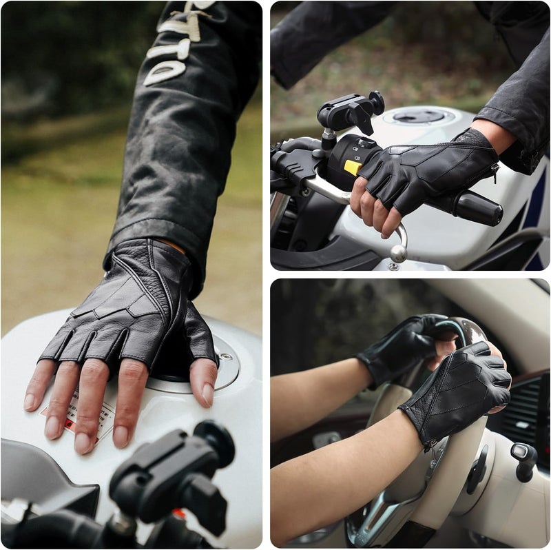 GSG SINCE 1998 Men's Fingerless Leather Gloves - Genuine Sheepskin Half Finger Driving Gloves, Unlined for Summer, Black, Size L - Image 3